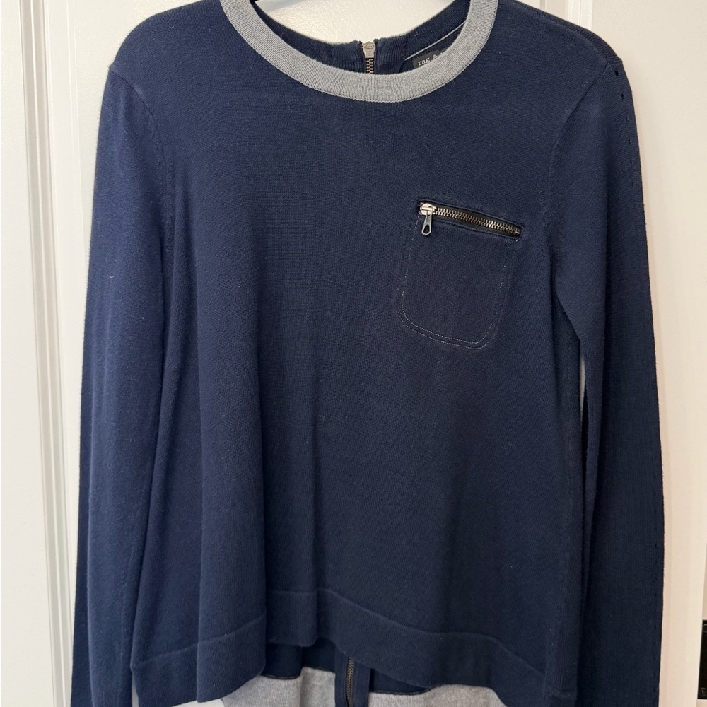 rag & bone Navy Crewneck Sweater with Light Gray Trim and Zipper Back Detail